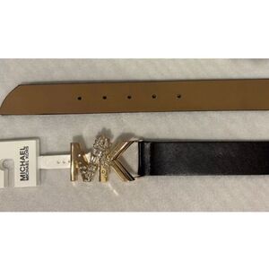 Michael Kors Women Sz XL Gold Rhinestone MK Logo Buckle Black Leather Belt
